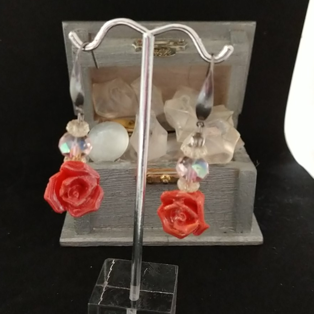 Porcelain coral rose and crystal ball dangles